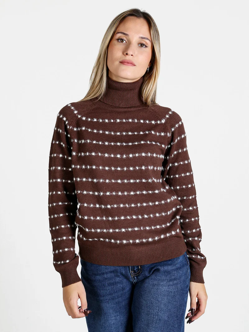 Maglione dolcevita da donna con dettagli pelosi - moro