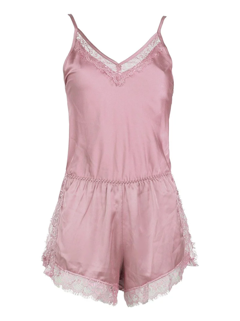 Pigiama tuta donna effetto raso con pizzo - rosa