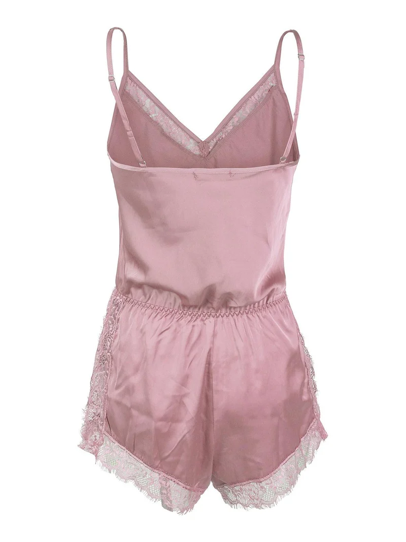 Pigiama tuta donna effetto raso con pizzo - rosa