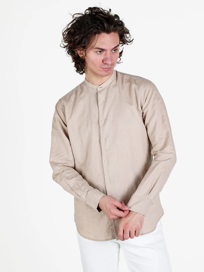 Camicia da uomo alla coreana in misto lino - khaki