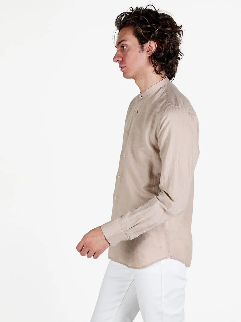 Camicia da uomo alla coreana in misto lino - khaki