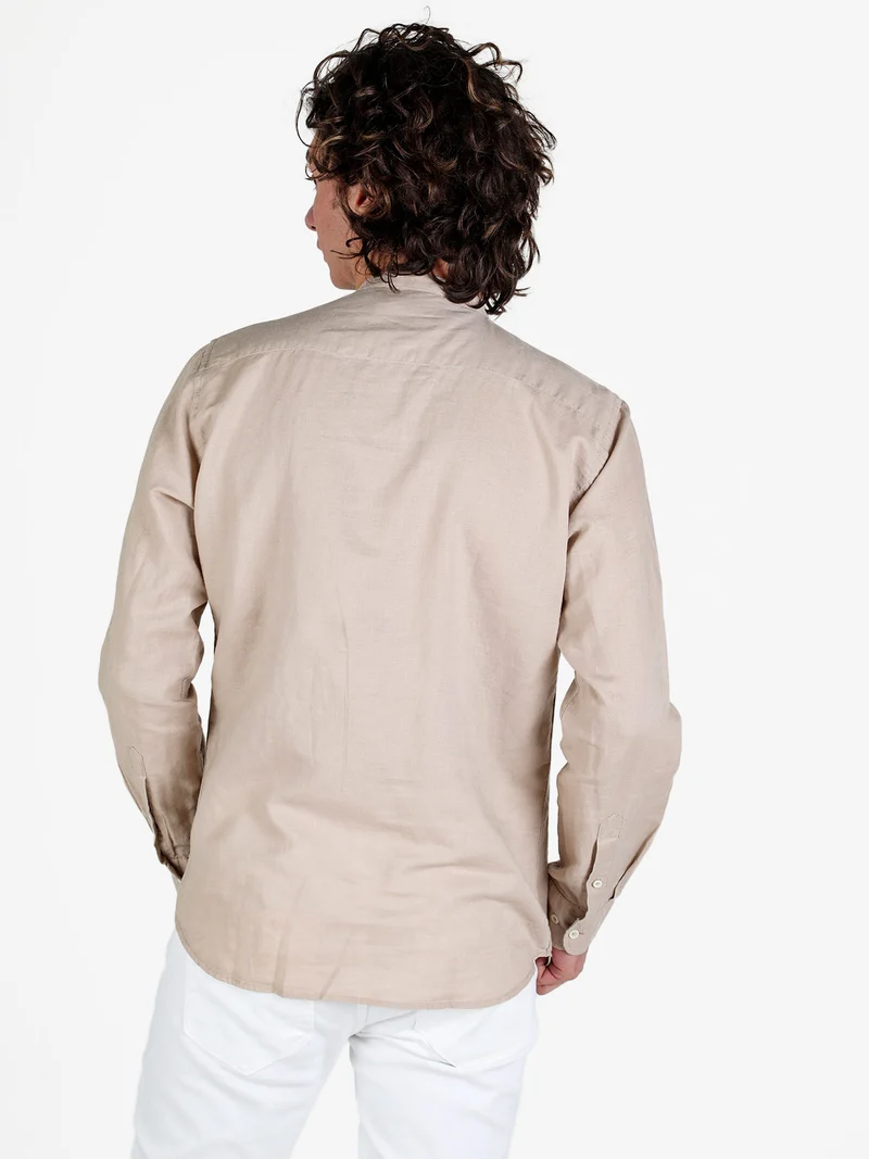 Camicia da uomo alla coreana in misto lino - khaki