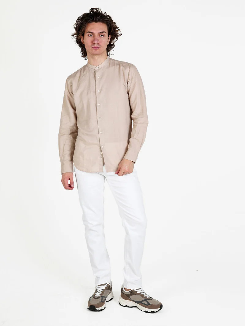 Camicia da uomo alla coreana in misto lino - khaki