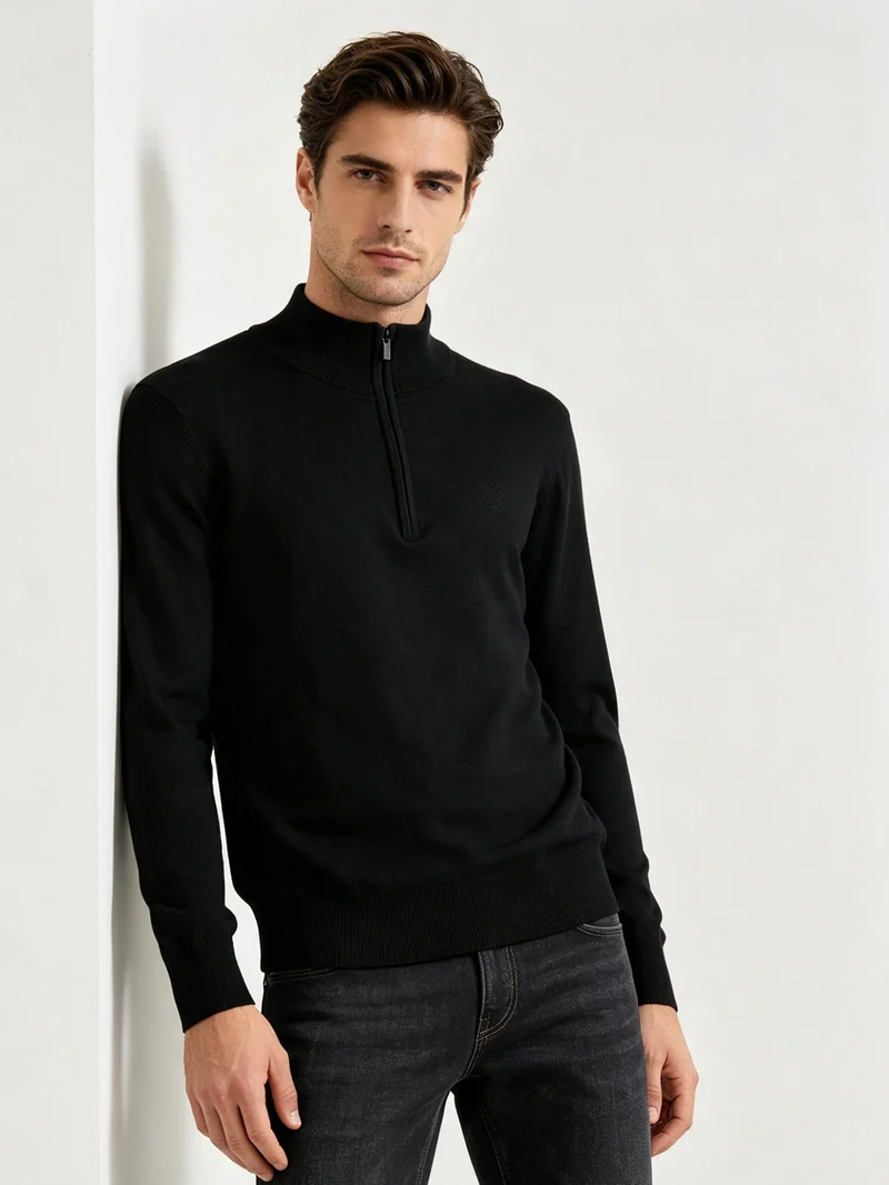 Pullover da uomo mezza zip misto viscosa - nero