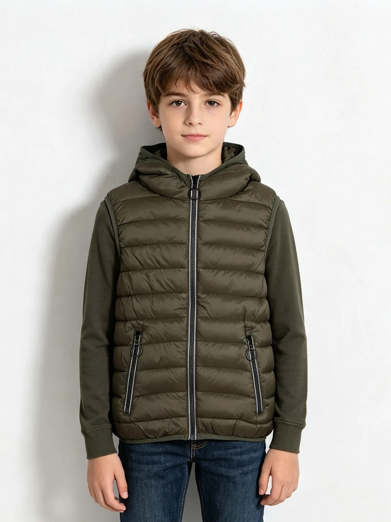 Gilet imbottito da bambino con cappuccio e zip - militare