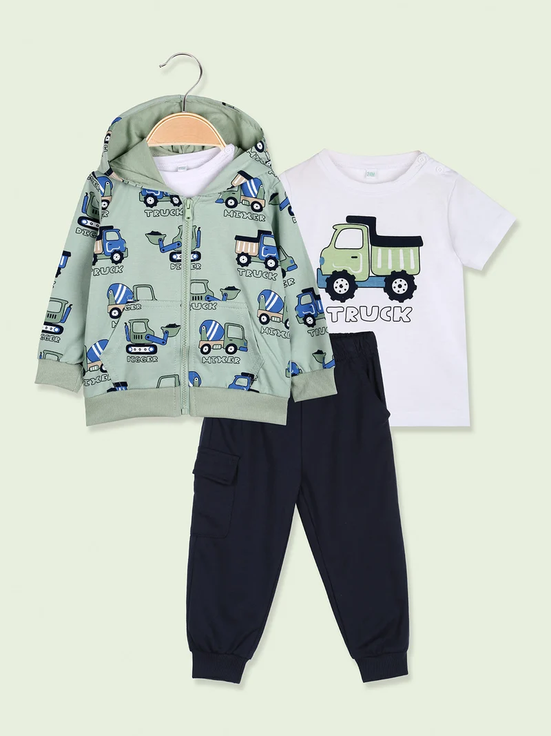 Completo 3 pezzi da neonato con cappuccio e zip - verde chiaro