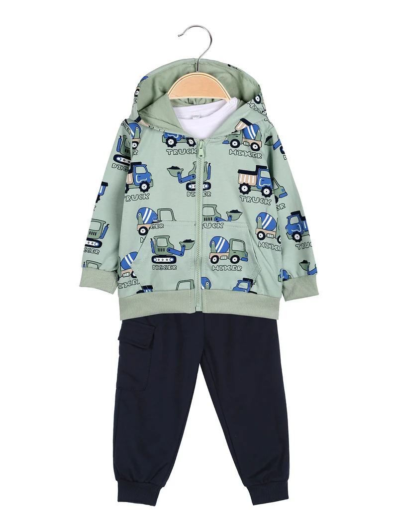 Completo 3 pezzi da neonato con cappuccio e zip - verde chiaro