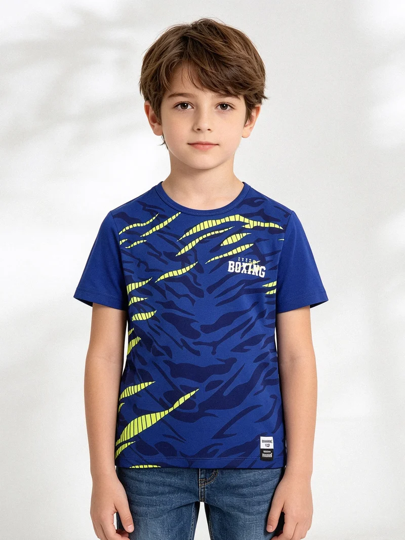 T-shirt girocollo da ragazzo in cotone con stampe - blu