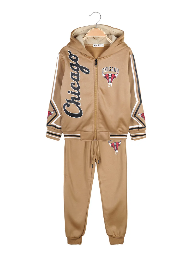 Completo sportivo 2 pezzi da bambino con cappuccio e zip - cammello