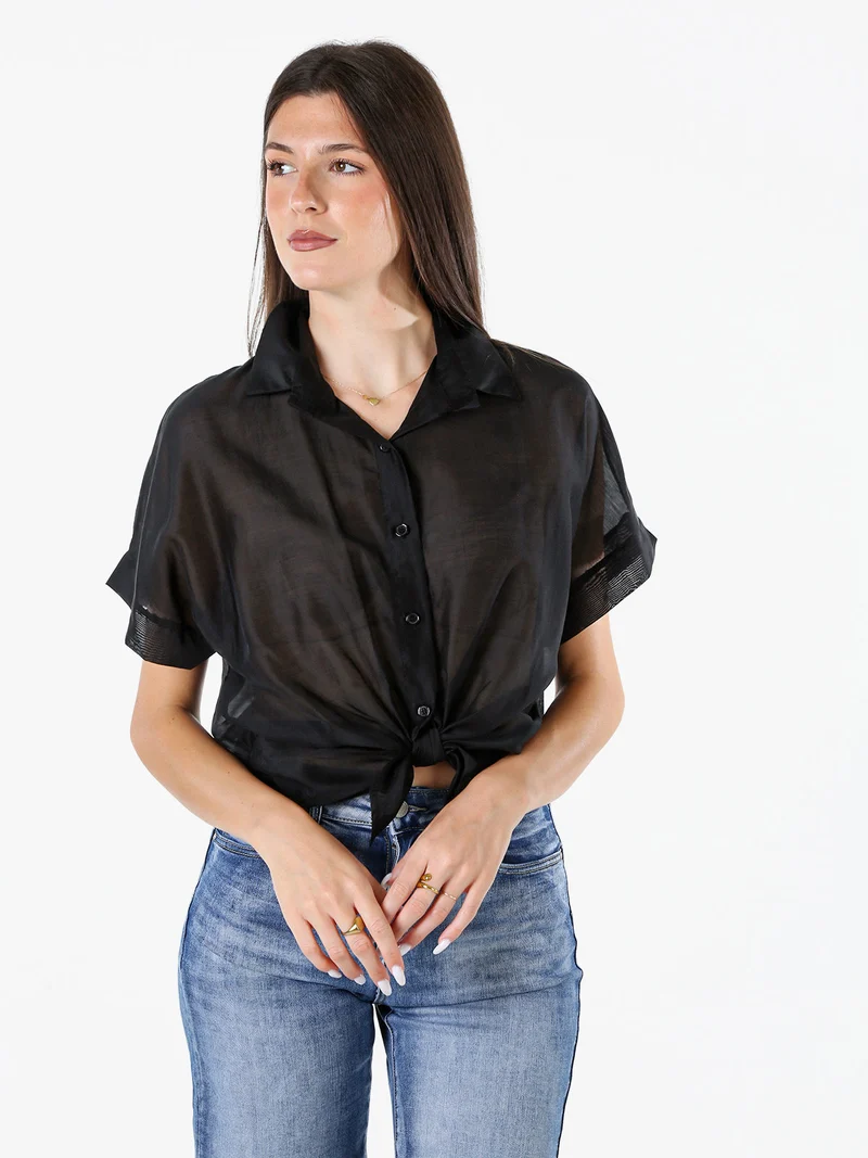 Camicia donna annodata a maniche corte - nero