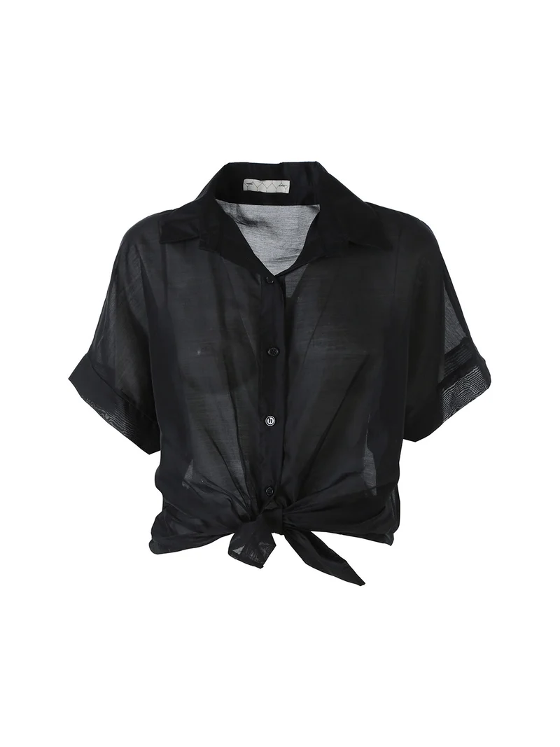 Camicia donna annodata a maniche corte - nero