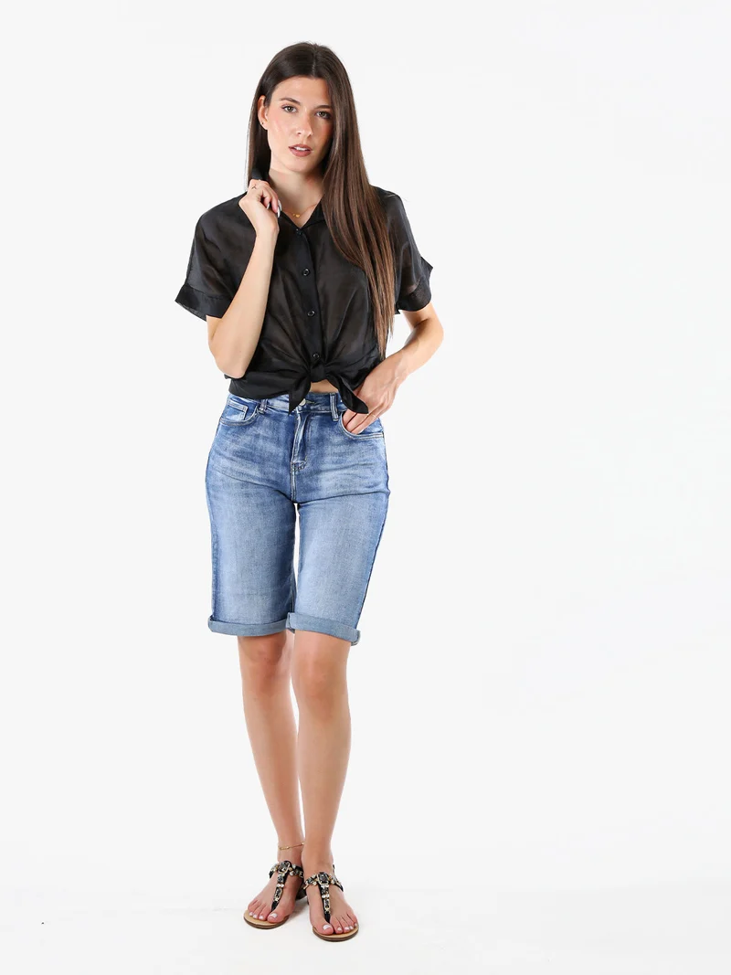 Camicia donna annodata a maniche corte - nero