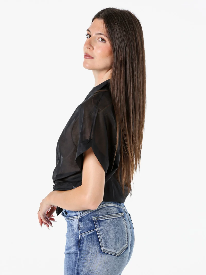 Camicia donna annodata a maniche corte - nero