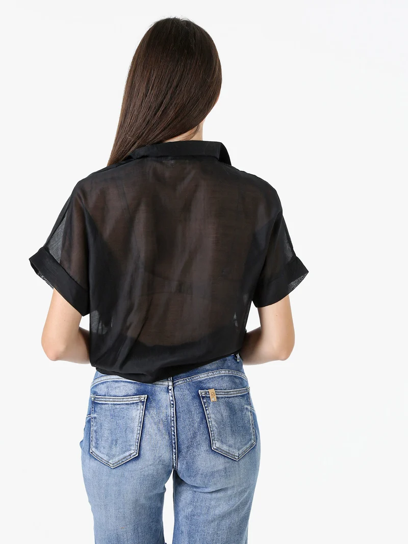 Camicia donna annodata a maniche corte - nero