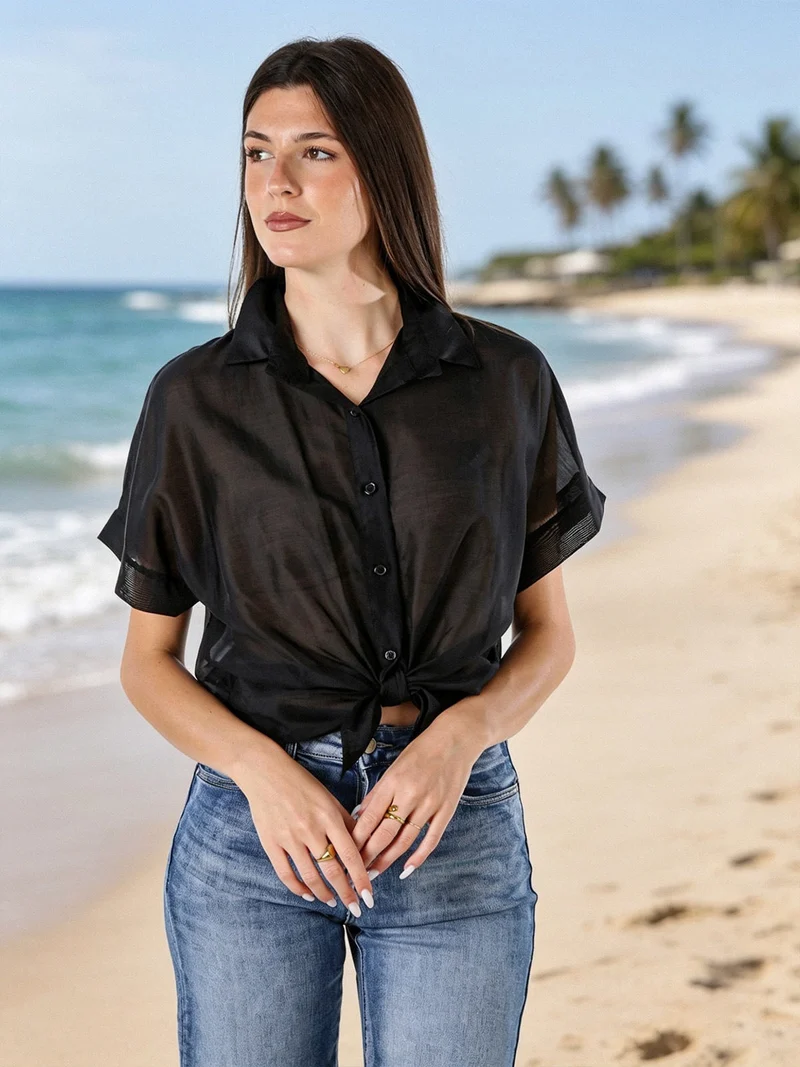 Camicia donna annodata a maniche corte - nero
