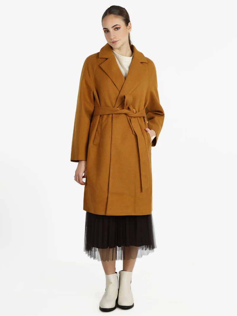 Cappotto doppiopetto da donna con cintura - senape