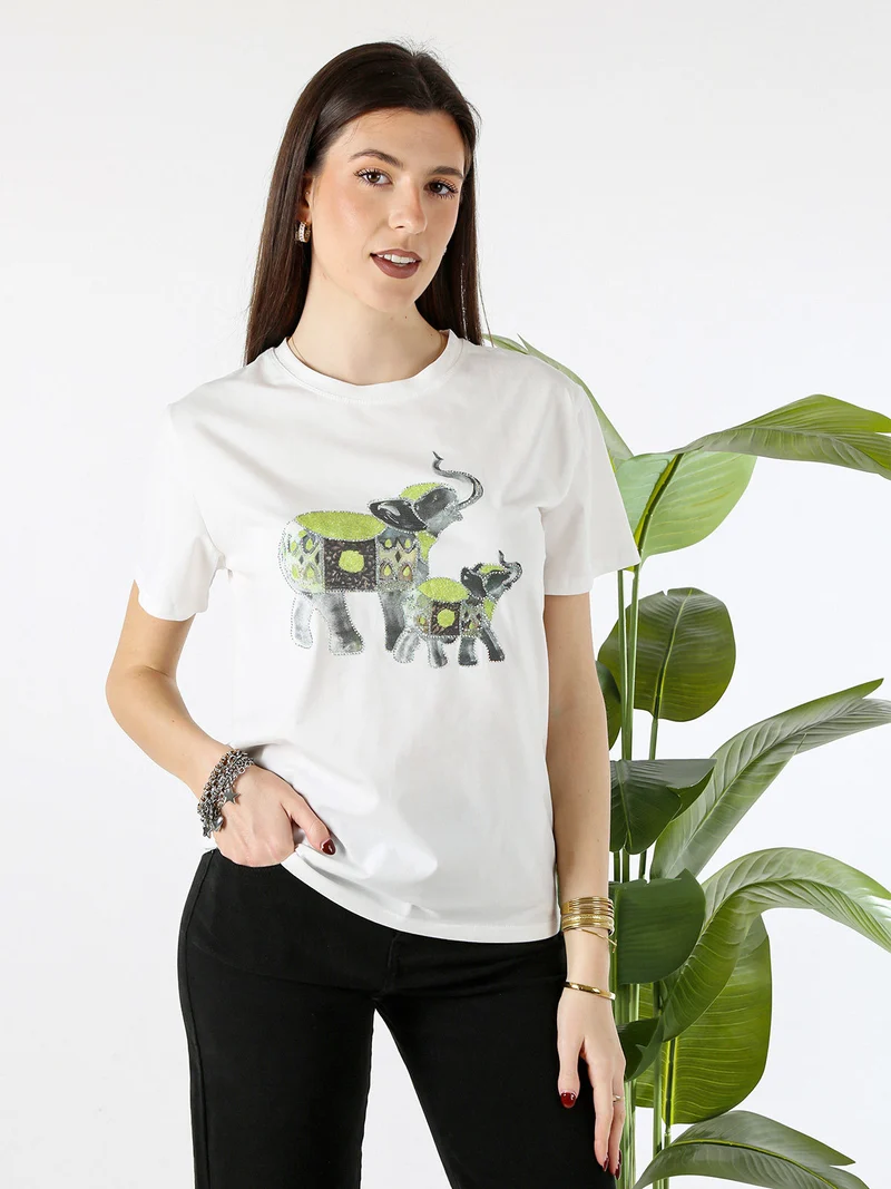 T-shirt donna in cotone con stampa e strass - verde