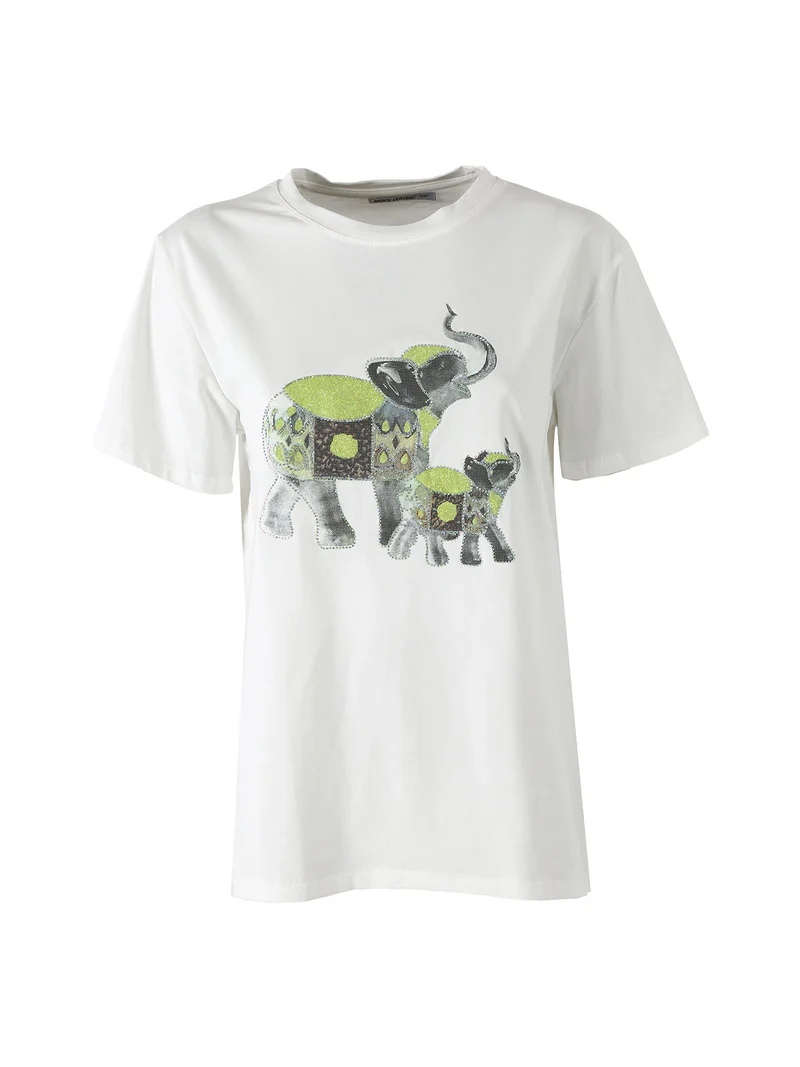 T-shirt donna in cotone con stampa e strass - verde
