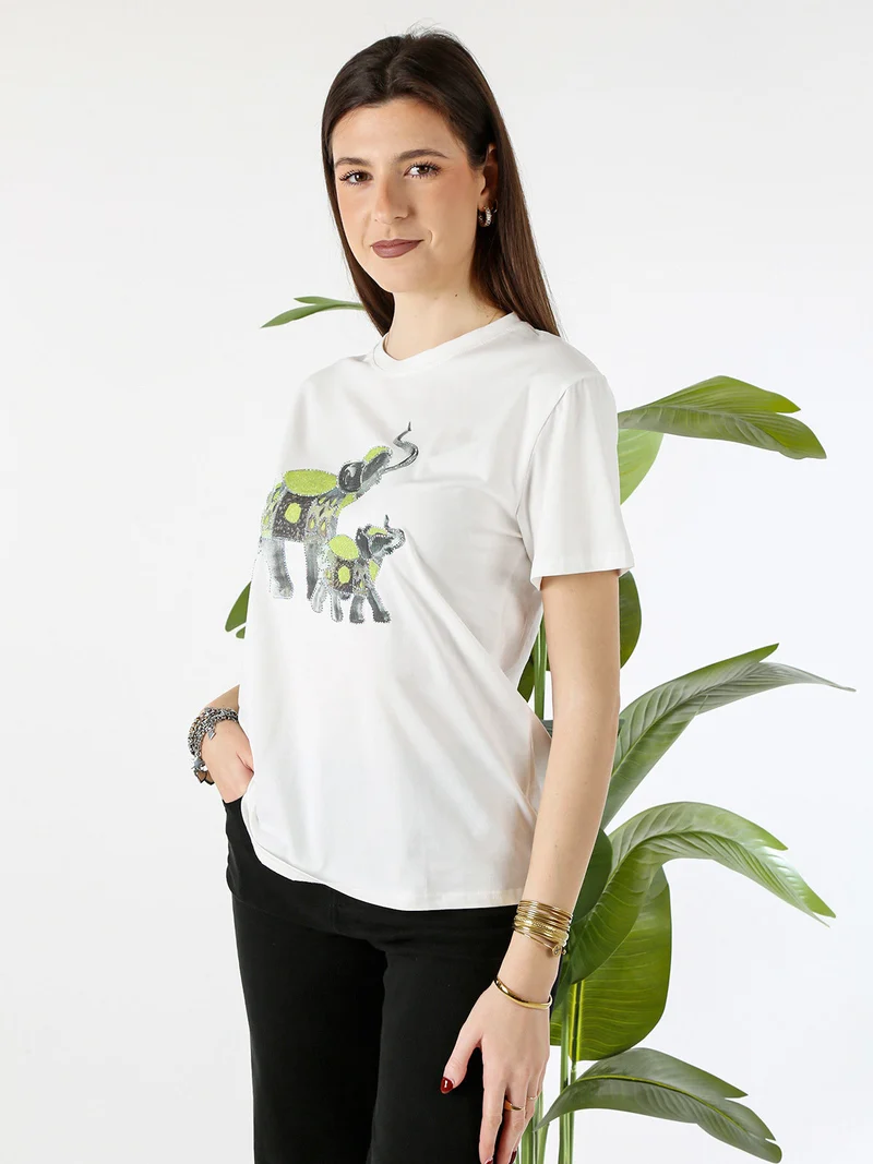 T-shirt donna in cotone con stampa e strass - verde