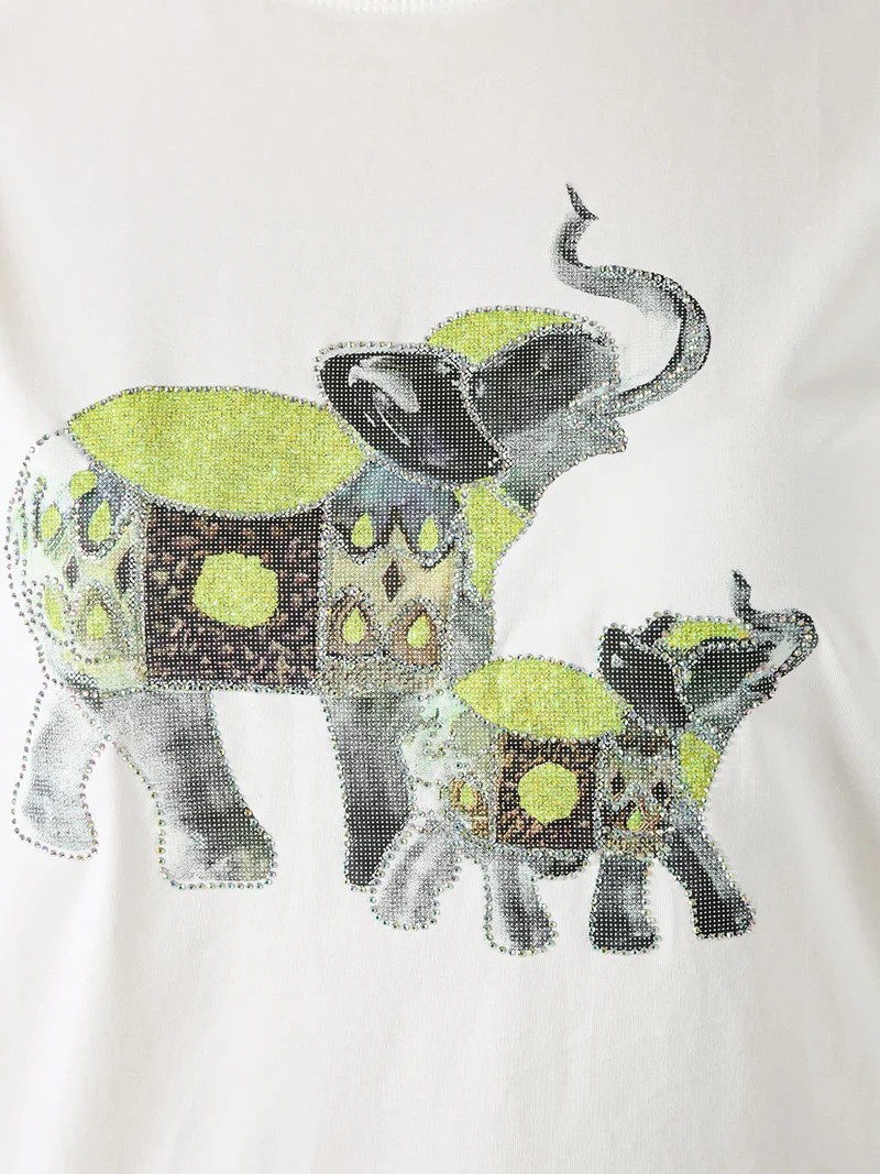 T-shirt donna in cotone con stampa e strass - verde