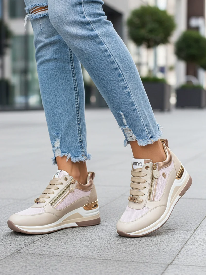 Sneakers donna in pelle con zeppa - beige
