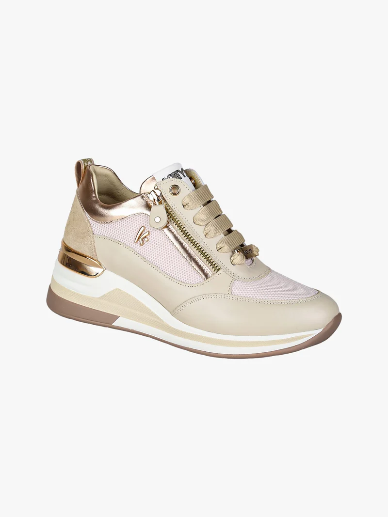 Sneakers donna in pelle con zeppa - beige