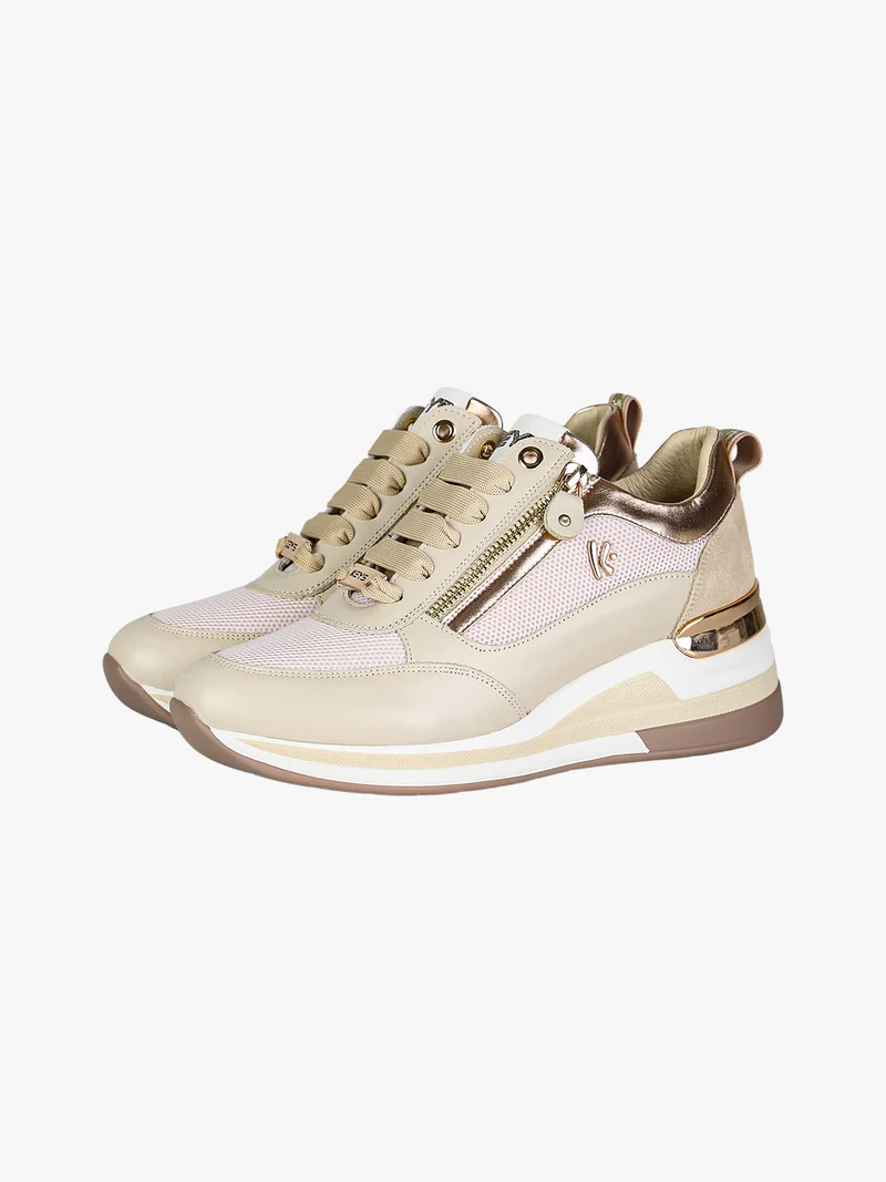 Sneakers donna in pelle con zeppa - beige