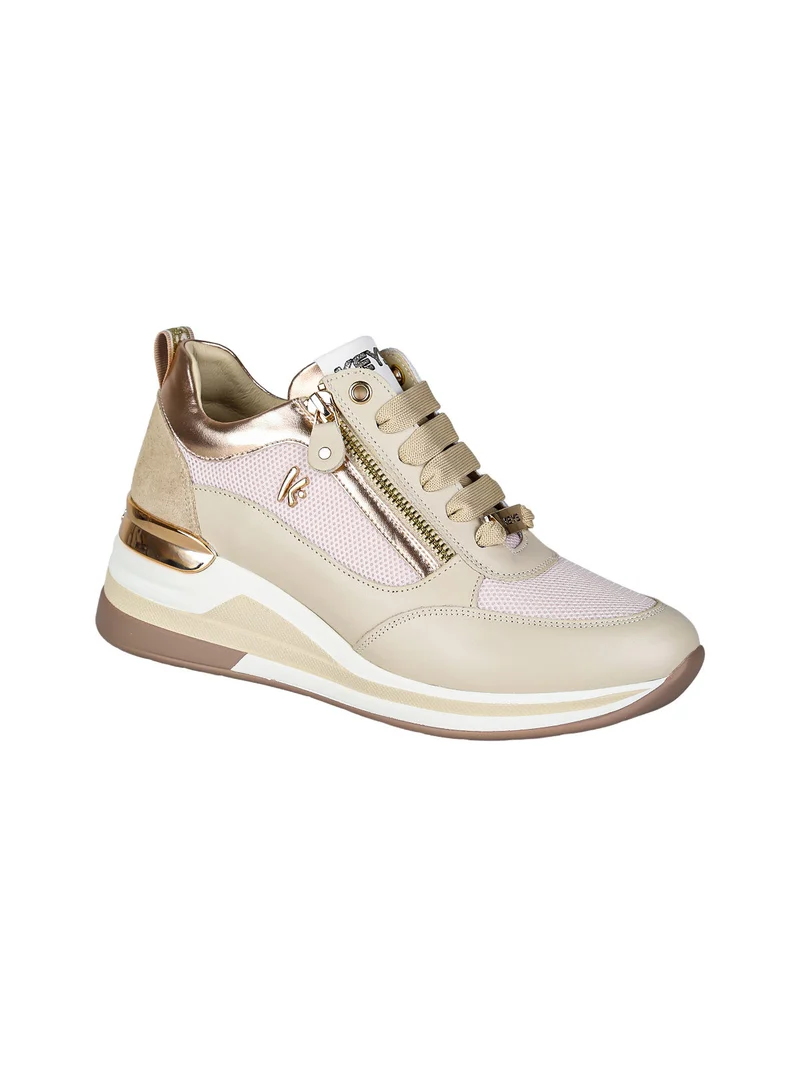 Sneakers donna in pelle con zeppa - beige