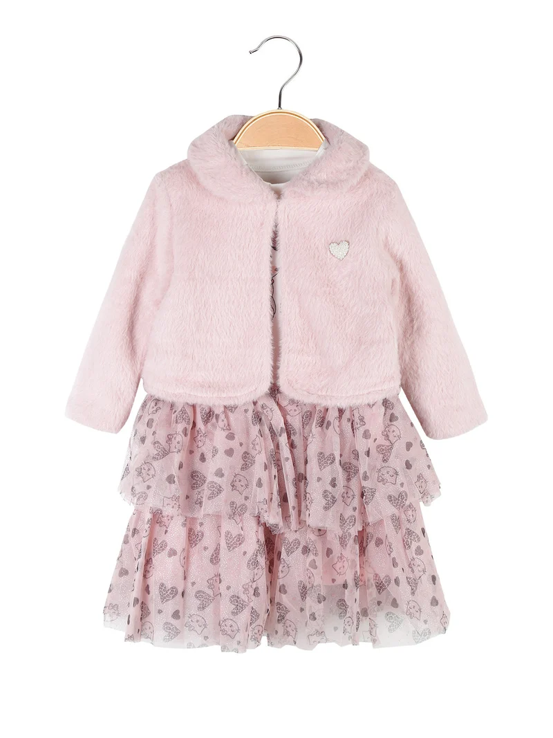 Completo da neonata 2 pezzi con vestito e pelliccia sintetica - rosa