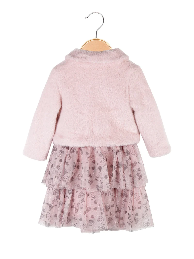 Completo da neonata 2 pezzi con vestito e pelliccia sintetica - rosa