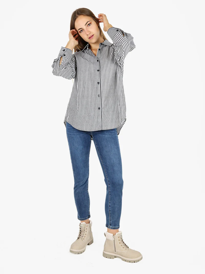 Camicia donna in cotone a righe - grigio