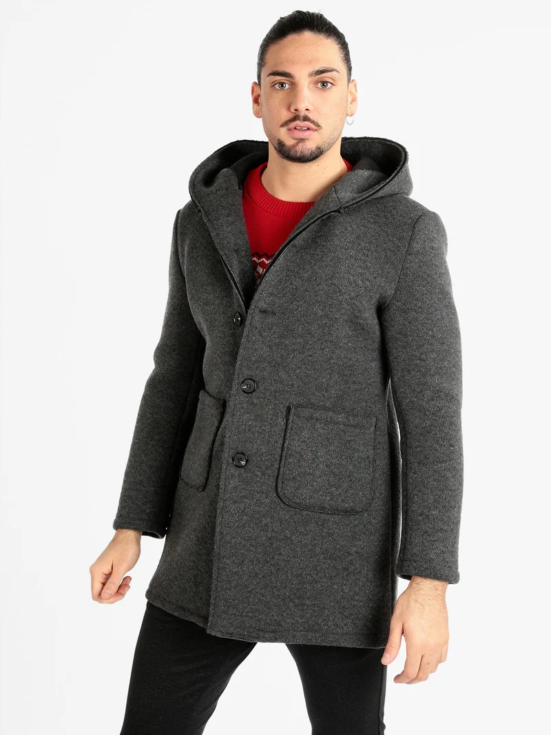 Cappotto misto lana da uomo con cappuccio - grigio scuro