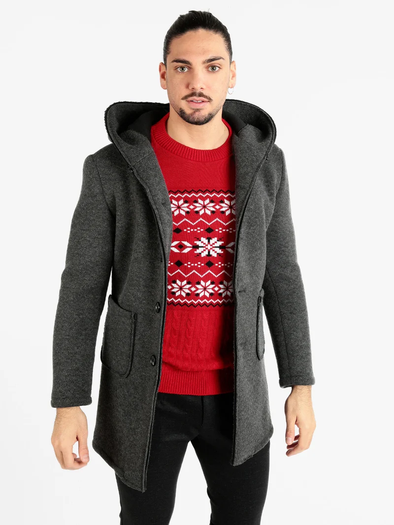Cappotto misto lana da uomo con cappuccio - grigio scuro