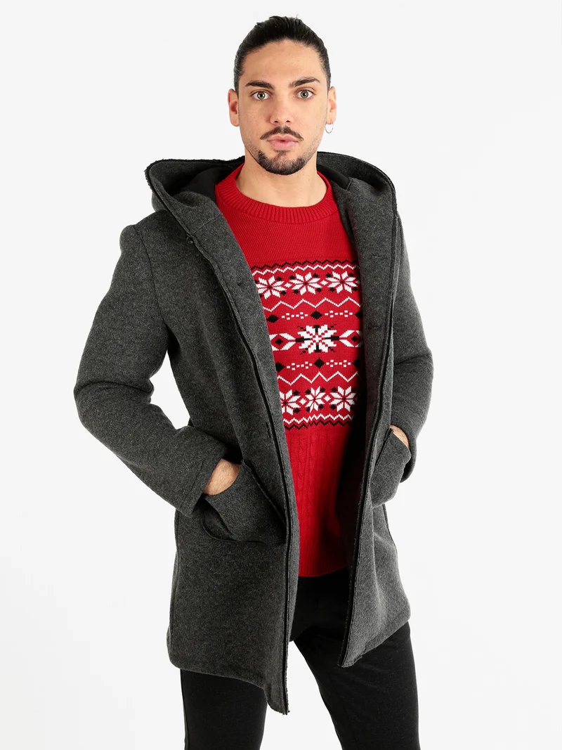 Cappotto misto lana da uomo con cappuccio - grigio scuro