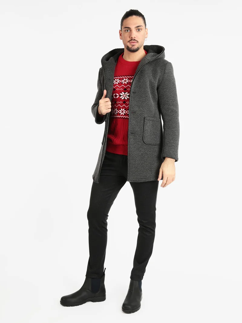 Cappotto misto lana da uomo con cappuccio - grigio scuro