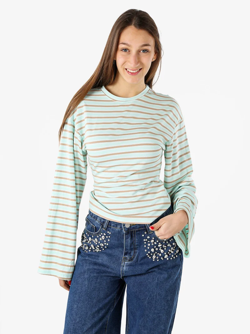 Maglia rigata da donna con maniche lunghe a campana - acqua marina