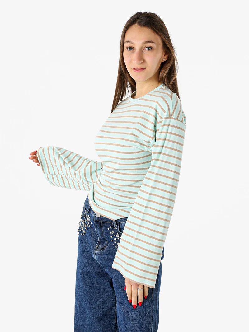 Maglia rigata da donna con maniche lunghe a campana - acqua marina