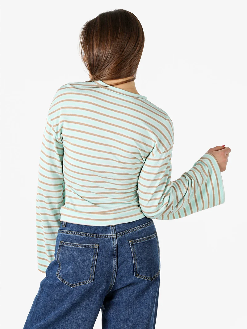 Maglia rigata da donna con maniche lunghe a campana - acqua marina