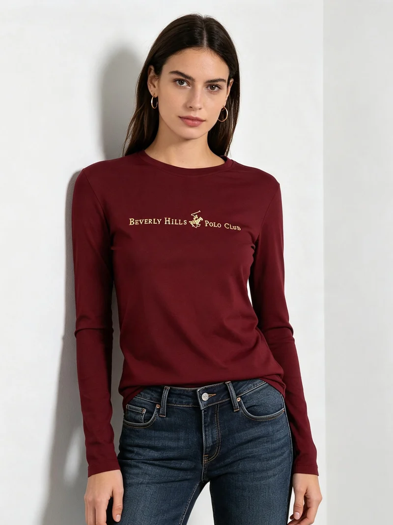 T-shirt girocollo da donna a maniche lunghe in cotone - bordeaux