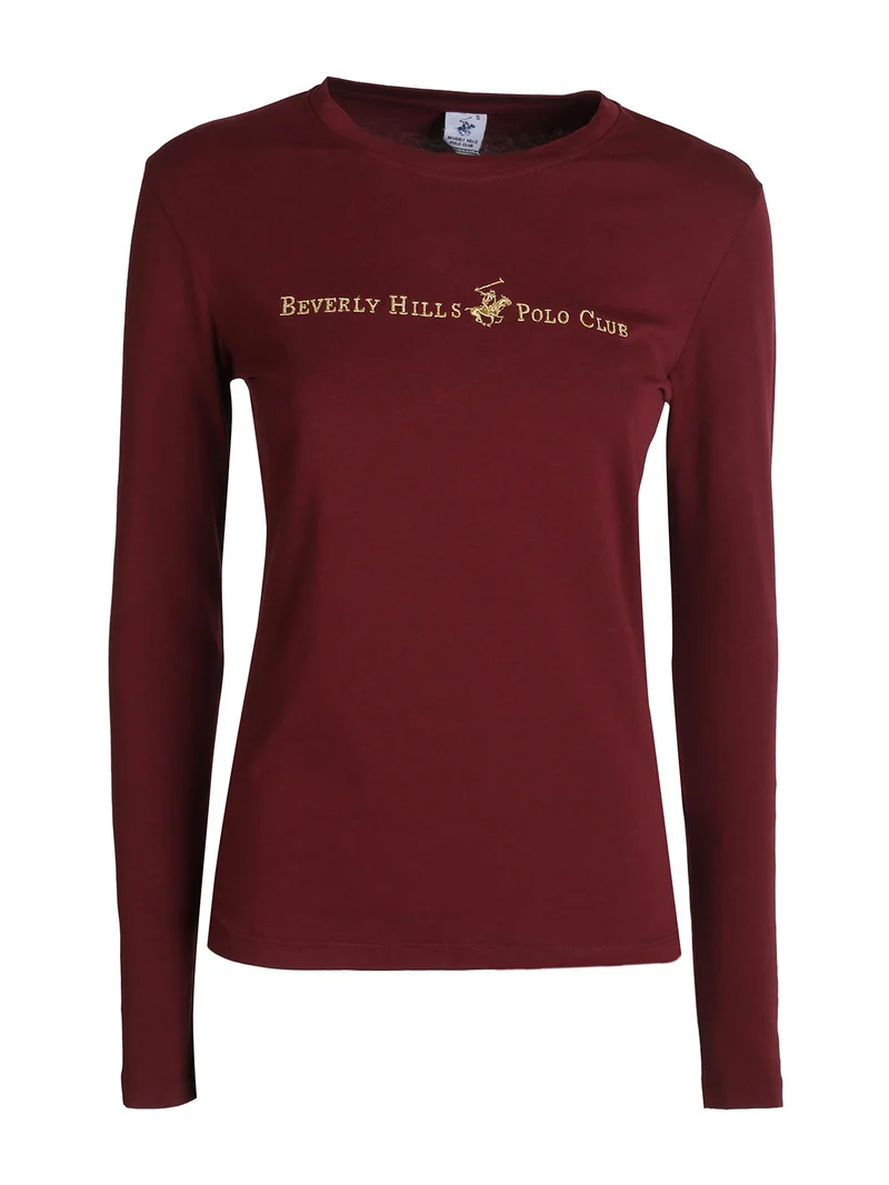 T-shirt girocollo da donna a maniche lunghe in cotone - bordeaux