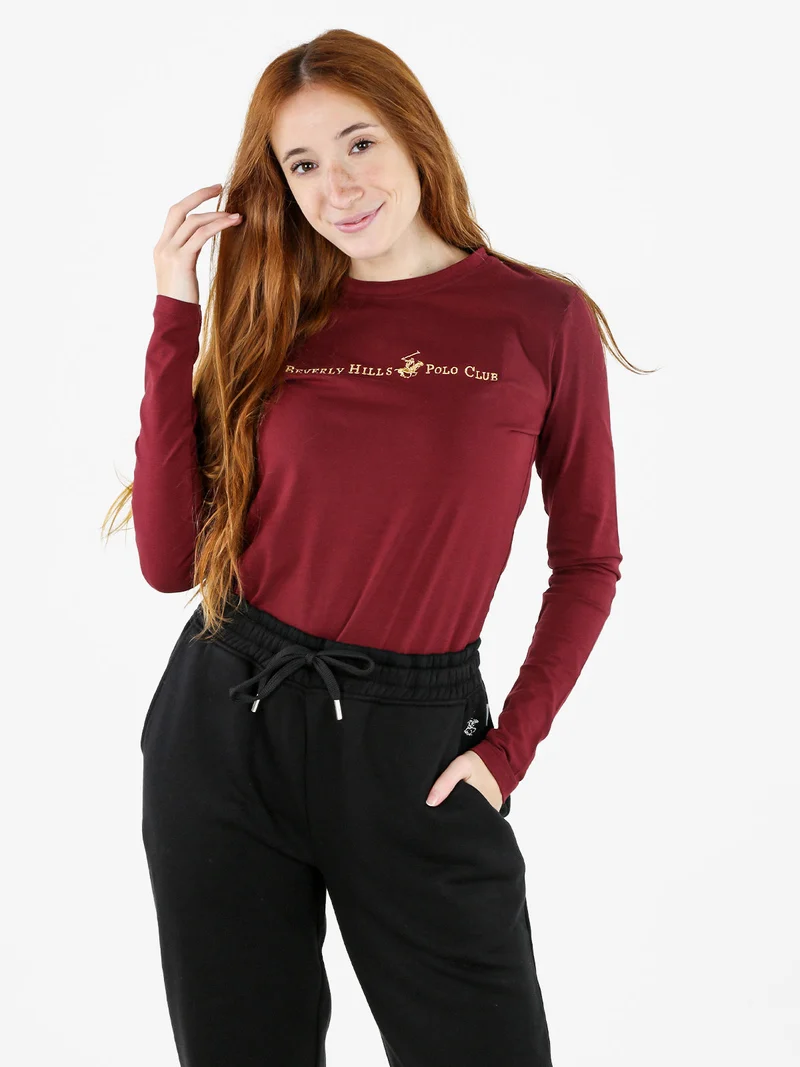 T-shirt girocollo da donna a maniche lunghe in cotone - bordeaux