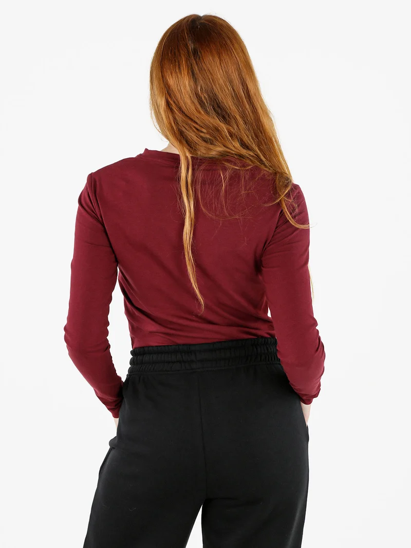 T-shirt girocollo da donna a maniche lunghe in cotone - bordeaux