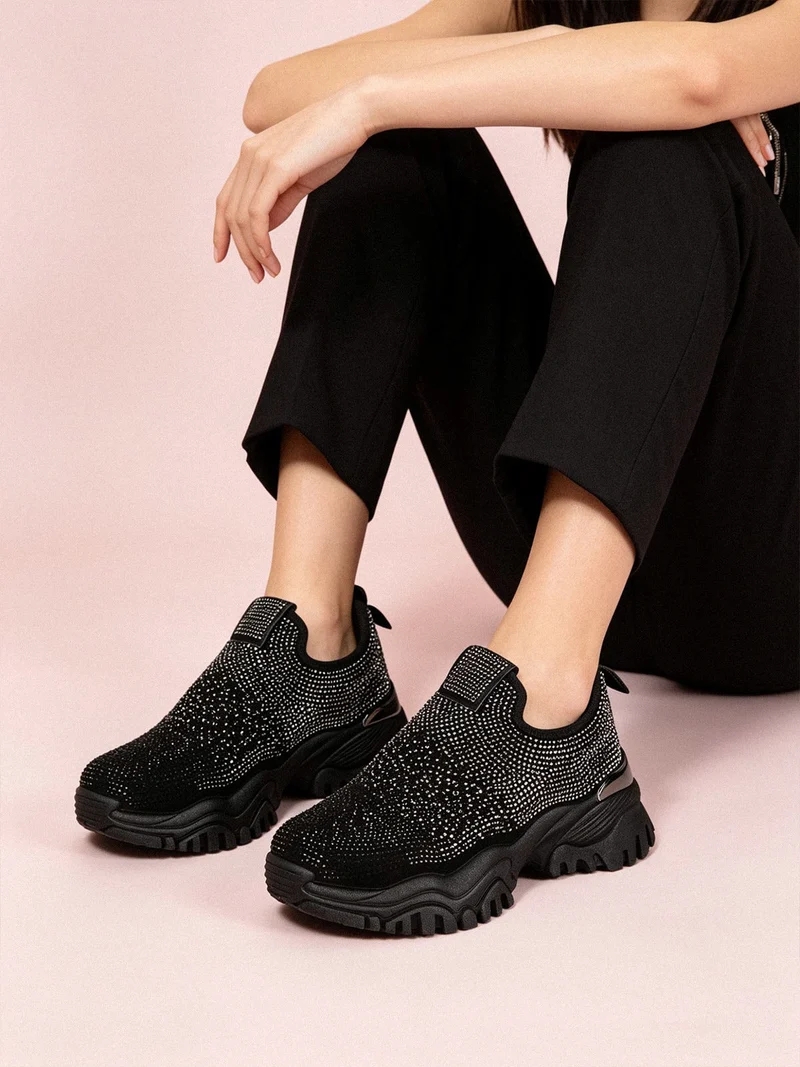 Sneakers donna slip on con strass - nero