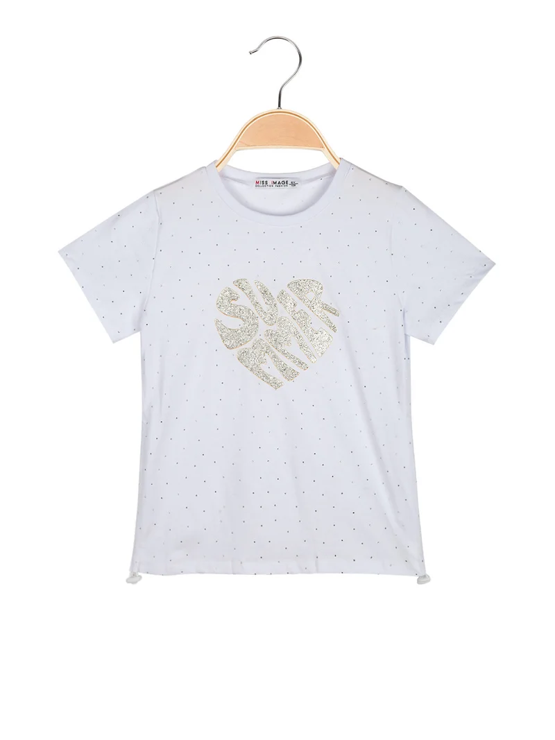 T-shirt da bambina con strass e scritta glitter - bianco