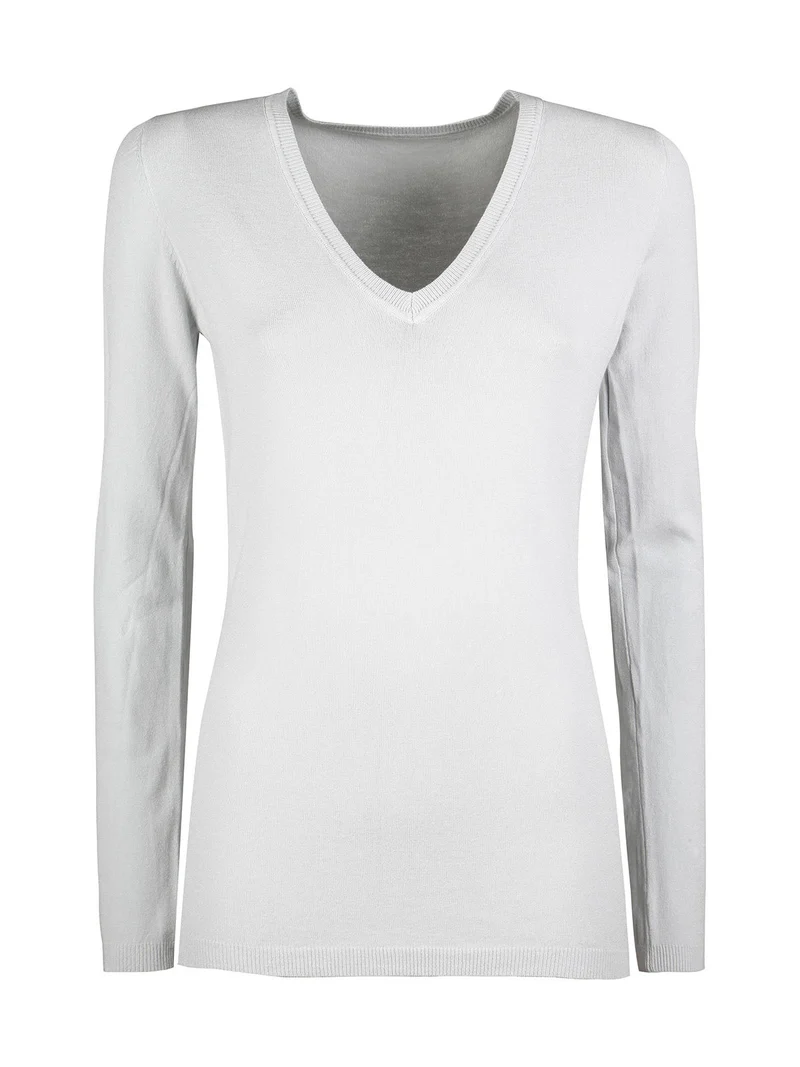 Pullover donna in maglia scollo V - perla