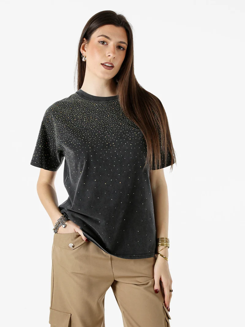 T-shirt donna oversize con strass - nero