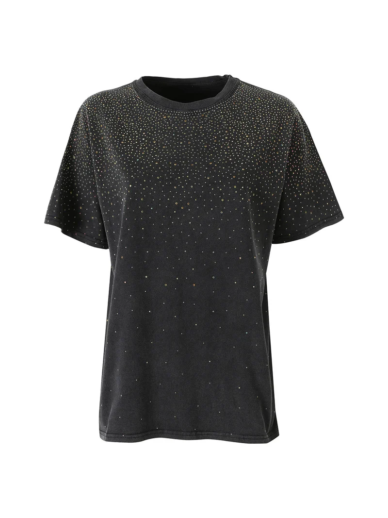 T-shirt donna oversize con strass - nero