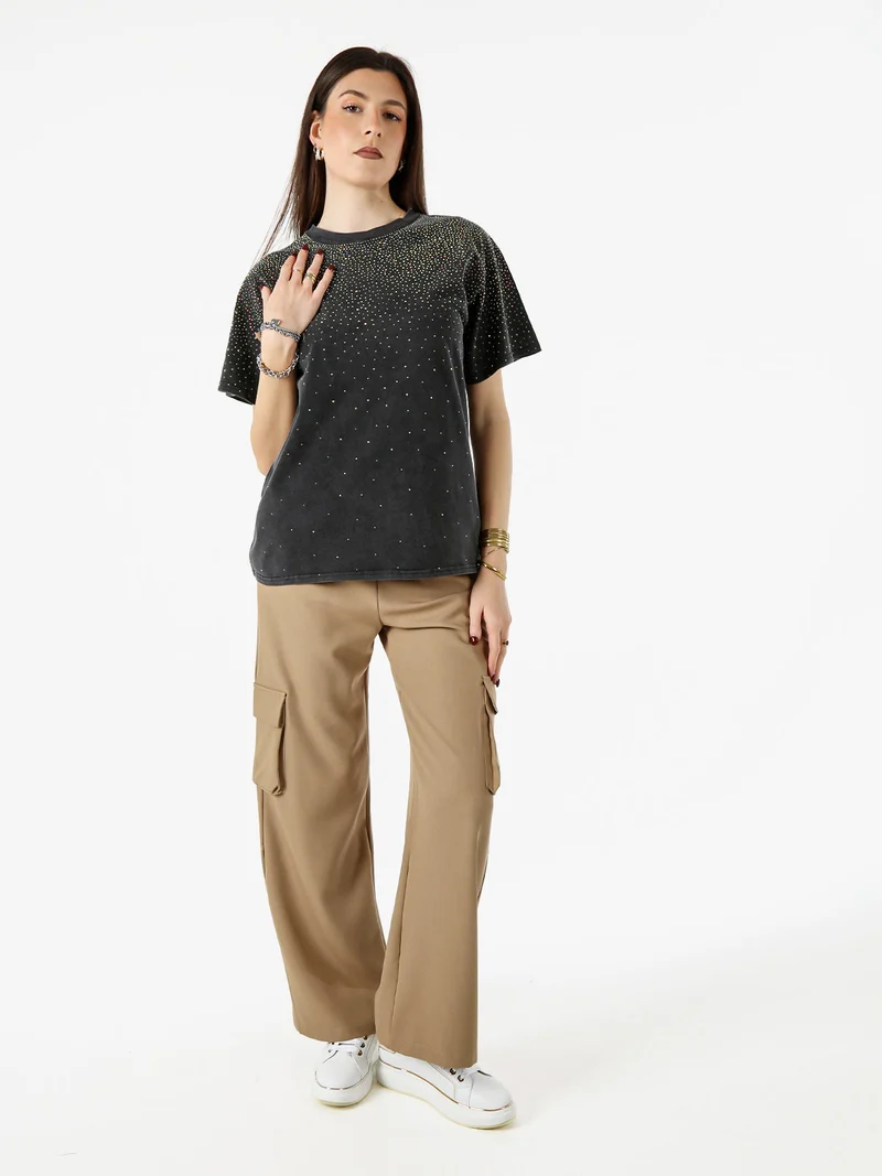 T-shirt donna oversize con strass - nero