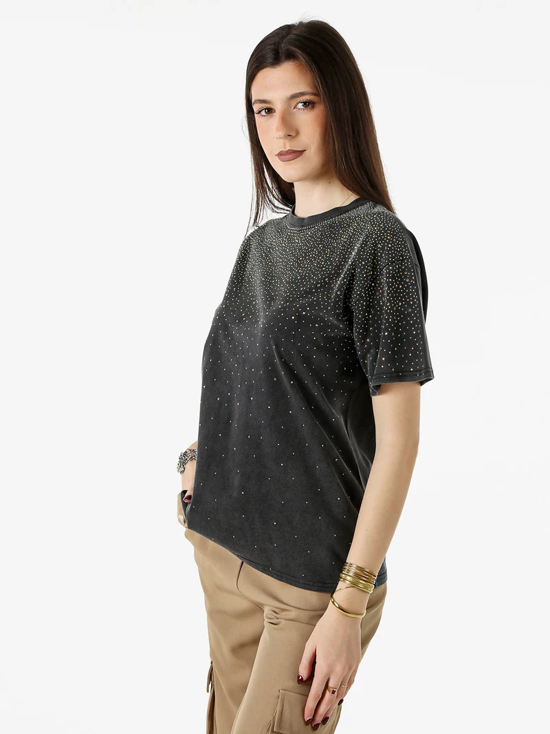 T-shirt donna oversize con strass - nero