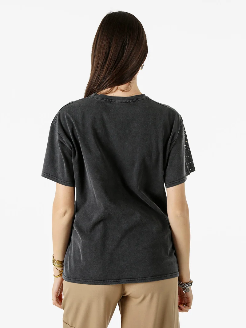 T-shirt donna oversize con strass - nero